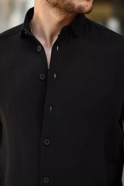 قميص رجالي أسود من قماش الموشلين نصف فضفاض طويل الأكمام وجيب قابل للتنفس