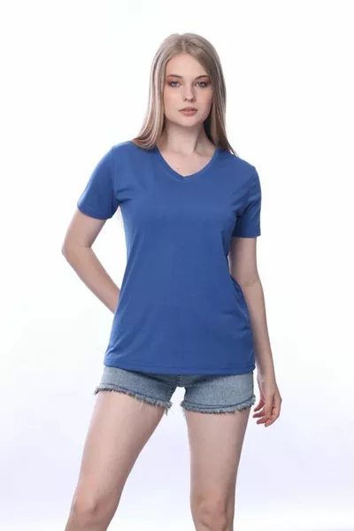 Супер качество тъмносин дамски тениска с V-образно деколте, едноцветна, базова, от органичен памучен трикотаж