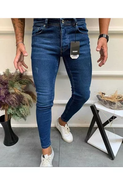 بنطال جينز رجالي أزرق ضيق بقصة سليم مع ليكرا وتفاصيل ضيقة