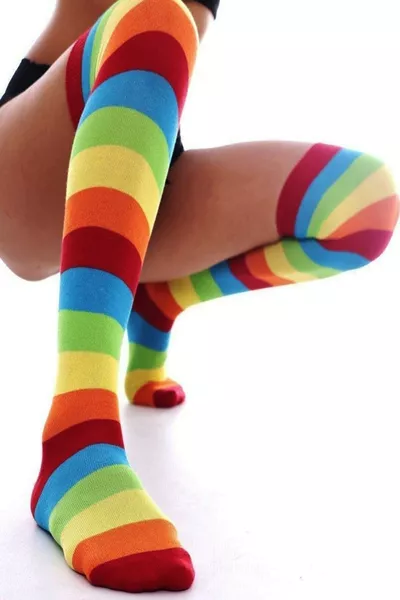 Calze da donna in cotone sopra il ginocchio a righe larghe arcobaleno - Calze fantasiose