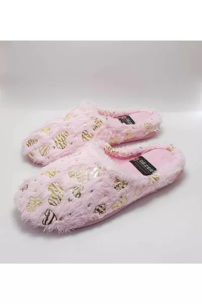 Дамски зимни домашни чехли с брокат на прасковено, 