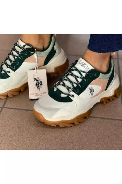 حذاء رياضي مريح للنساء من يو إس بولو أسسوكيشن، باللون الأبيض والأخضر، طراز سنيكر