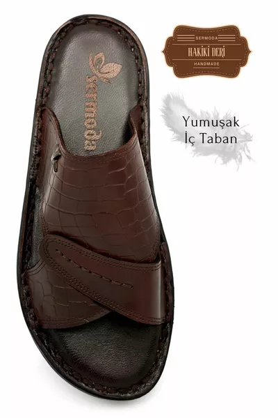 Настоящие кожаные мужские тапочки Легкие кожаные тапочки 3D Коричневые