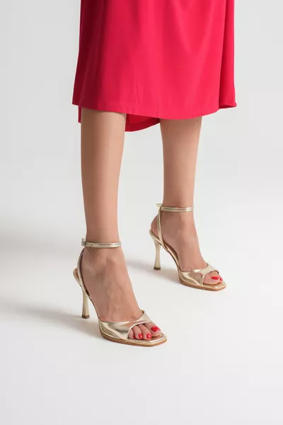 حذاء نسائي ذهبي برباط حول الكاحل، يومي مريح، كلاسيكي بكعب