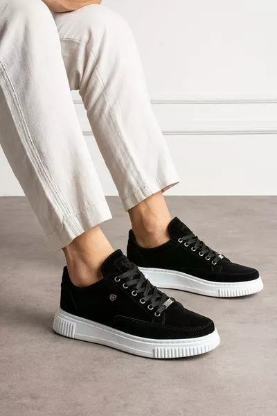 Veloursleder Bequemer Schnitt Schwarz Weiß Herren Sneaker Schuhe 