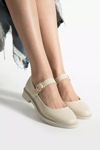 حذاء ماري جين مريح يومي نسائي بلون البيج للبشرة