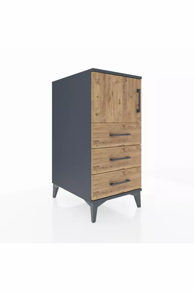 Kronos Nachtkastje met Enkele Plank, 3 Laden en 1 Deurtje, Antraciet-dennen