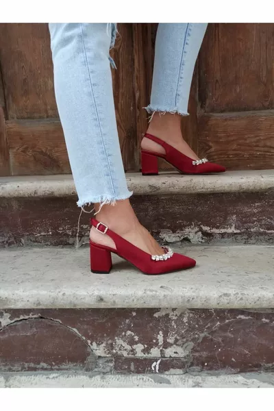 بورجوندي الساتان سميكة كعب الحجر مفصلة كعب المرأة