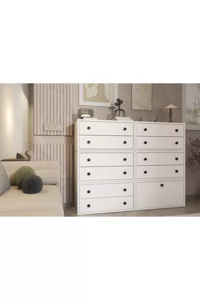 White Dresser with Ten Drawers and Lid, Without Molding