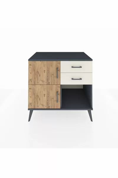 خزانة كرونوس برف واحد ودرجين وغطائين، رمادية-صنوبر/حجر رملي