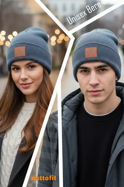 قبعة صوفية شتوية جلدية بتفاصيل شعار باللون النيلي للجنسين