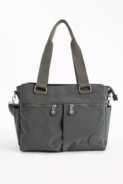 Borsa da donna grande con scomparti, resistente all'acqua, in tessuto arricciato, a tracolla e con spallina, di colore grigio scuro