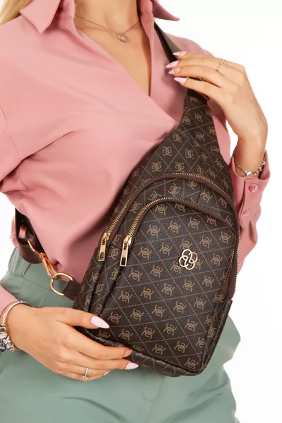 Kadın Kahverengi Vegan Deri Desenli Kumaş Çapraz Omuz Ve Bel Çantası Günlük