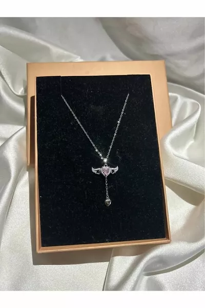 Дамско колие от стомана с розов кристал и ангелски крила Февруари Свети Валентин 8 Март Световният ден на жената