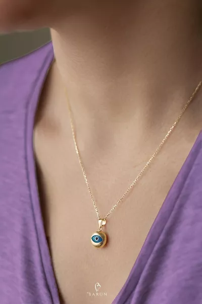 Evil Eye Necklace Round Blue Eye Bead Lucky Adjustable Yellow Gold Silver Chain Necklace