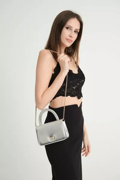 Women's Silver Gray Shiny Chain Strap Shoulder Bag