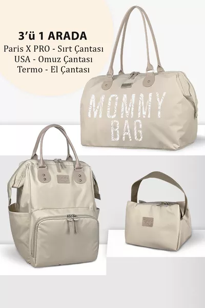 حقيبة ظهر وأمومة X Pro بيج للرضع، حقيبة كتف وحقيبة زجاجات، مجموعة مكونة من 3 قطع
