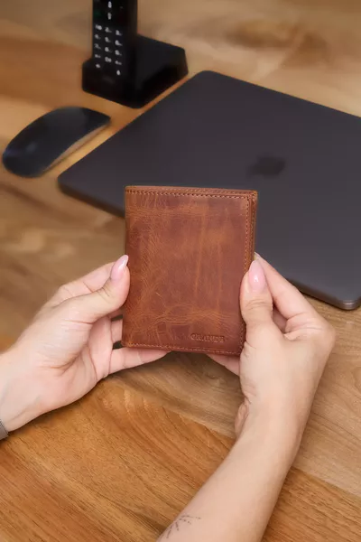 محفظة جلدية رجالية رأسية حقيقية  بتأثير قديم