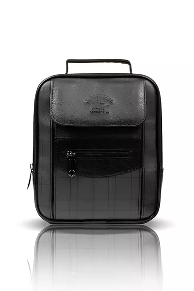 Black Leather Checkered Men's Hand and Shoulder Bag with Multiple Compartments, Adjustable Strap, Medium Size