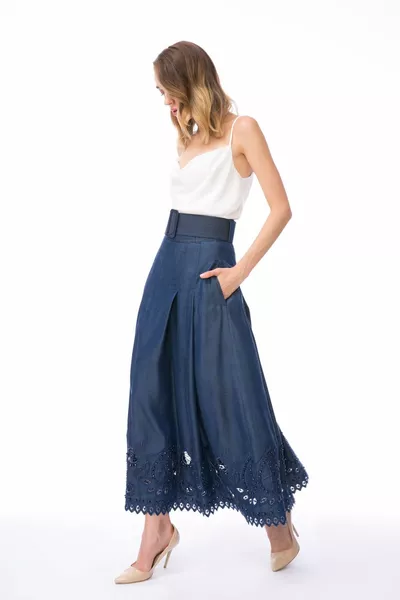 Long blue skirt with belted high waist embroidery