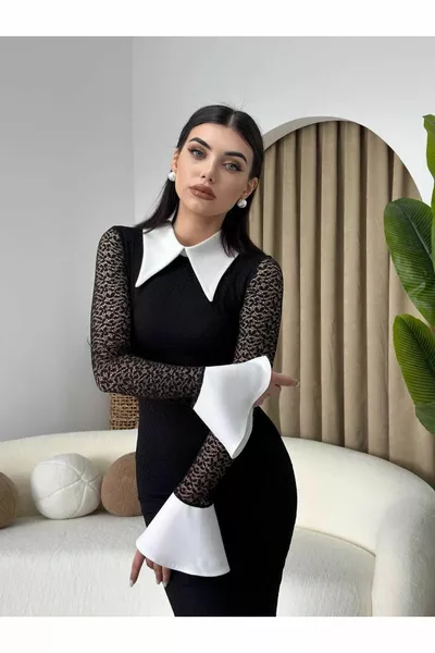 أسود وأبيض قميص طوق اصطف ميدي طويل قسط تصميم الدانتيل اللباس