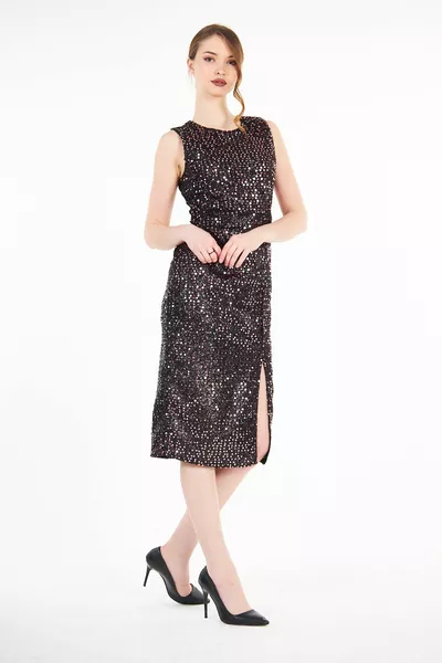 الترتر المخملية بلا أكمام شق ميدي طول قلم رصاص اللباس