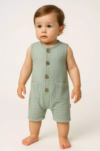 Organischer Musselin Sommer-Babykörperanzug mit Taschen in Naturfarbe