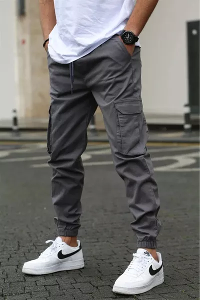 Erkek Pamuk Likralı Kargo Cepli Pantolon Gri Yandan Cepli Pantolon