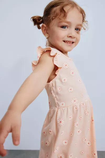 فستان قصير الأكمام بنقشة الزهور للبنات حديثي الولادة SM