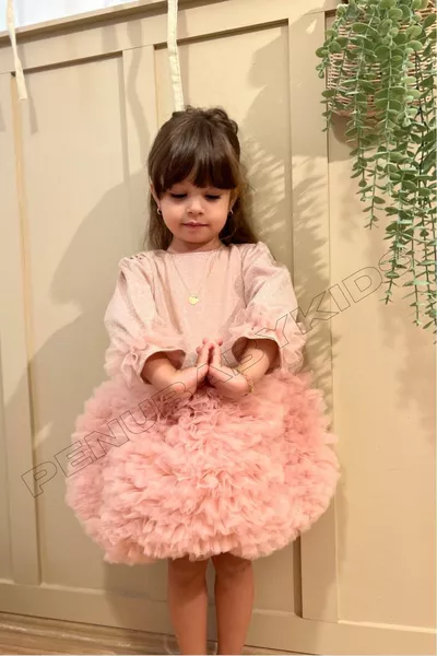 فستان طفلة بأكمام طويلة وتول أسفل باللون البودرة