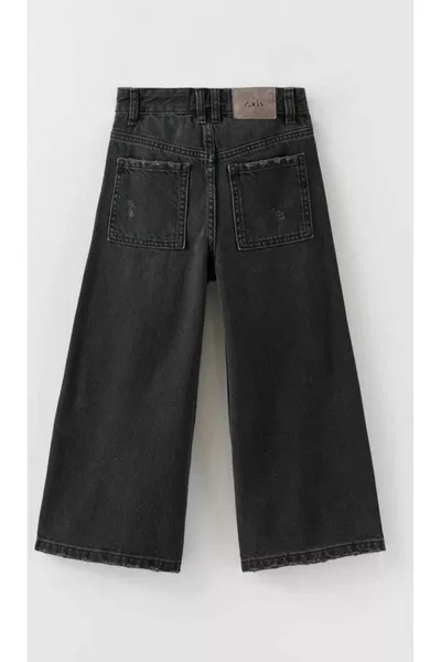 Girls Black Ripped Detail Loose Fit Wide Leg Jeans