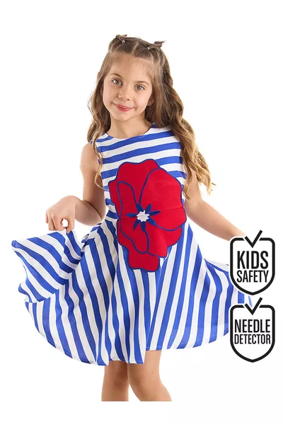 Полосатое платье с цветами для девочки, синий летний вариант