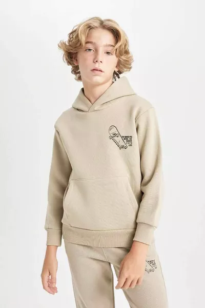 Jungen-Sweatshirt mit Aufdruck, Tasche und Kapuze für die Schule AU
