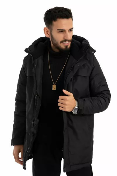 معطف شتوي رجالي أسود مبطن بالقطب مقاوم للماء والرياح مع قبعة