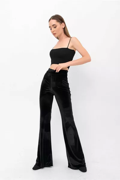 Pantalon en velours noir, coupe espagnole demi-évasée