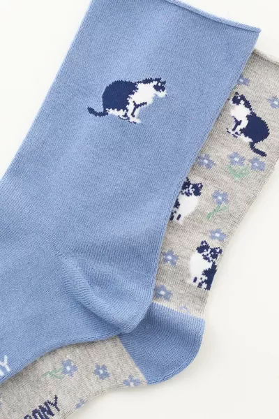 Chaussettes socquettes femme en viscose avec motif de chat, lot de 2