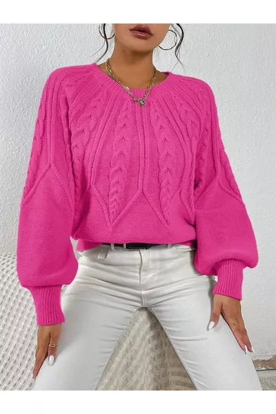 Saç Örgülü Bisiklet Yaka Italyan Kol Triko Fusya Kazak