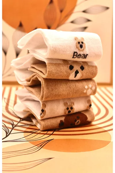 5 Paia di Calzini Corti Femminili Quotidiani in Cotone con Morbidi Orsetti