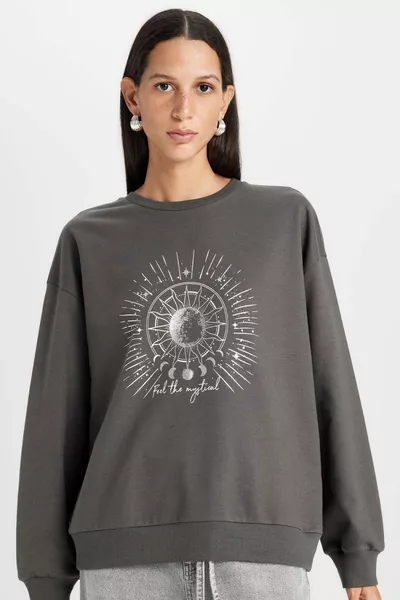 Relax Fit Bisiklet Yaka Baskılı İnce Sweatshirt AU