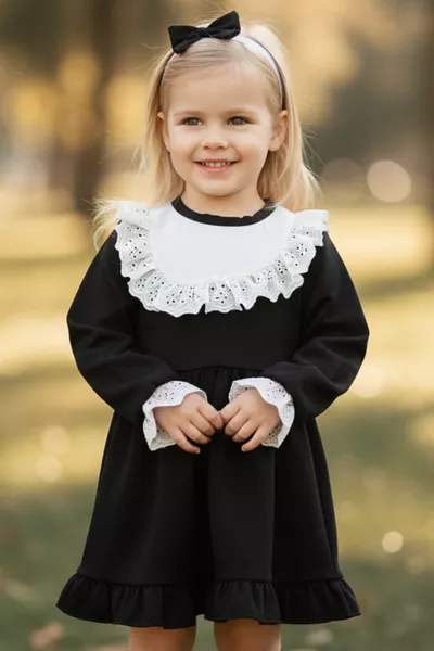 Girl's Ruby Black Long Sleeve Dress with Lace Detail and Ruffled Skirt, with Bandana Set