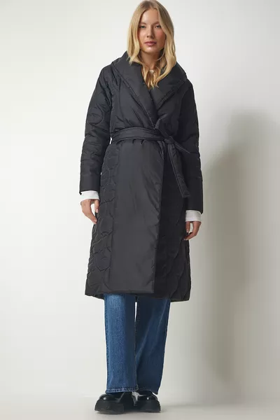 Manteau matelassé à col châle pour femme, ceinture noire 