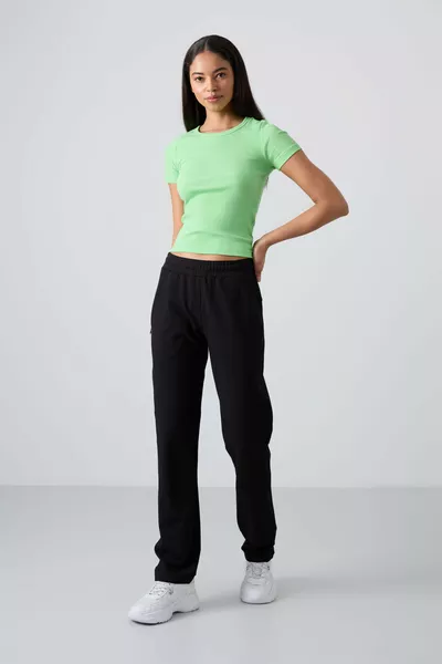 Siyah Gizli Fermuar Cepli Rahat Form Klasik Paça Kadın Eşofman Alt - 