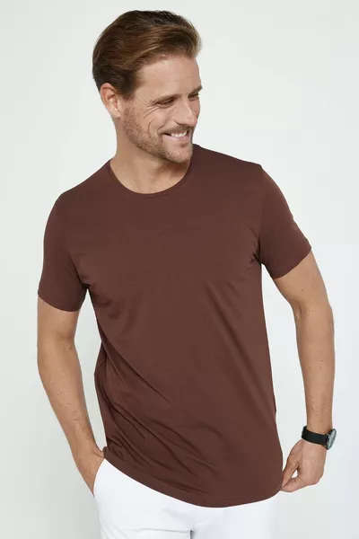 Heren Slim Fit Strakke Snit Katoen Zachte Textuur Elastische Stof Effen Basic Bruine Ronde Hals T-shirt