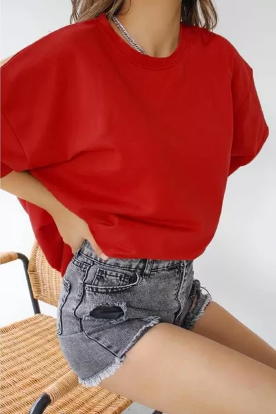 J Feuerrot Unisex Baumwolle Rundhalsausschnitt Boyfriend Strick Oversize T-Shirt