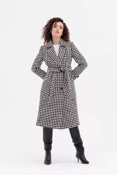 Manteau à motif pied-de-poule pour femmes, taille , col mono, poches sac, doublé