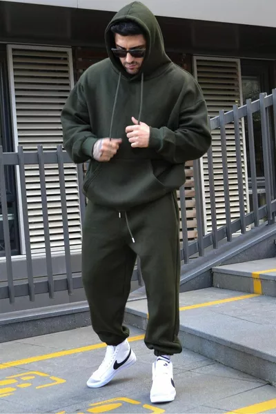 طقم رياضي رجالي شتوي باللون الأخضر، ثلاث خيوط، مبطن بالصوف، تصميم واسع