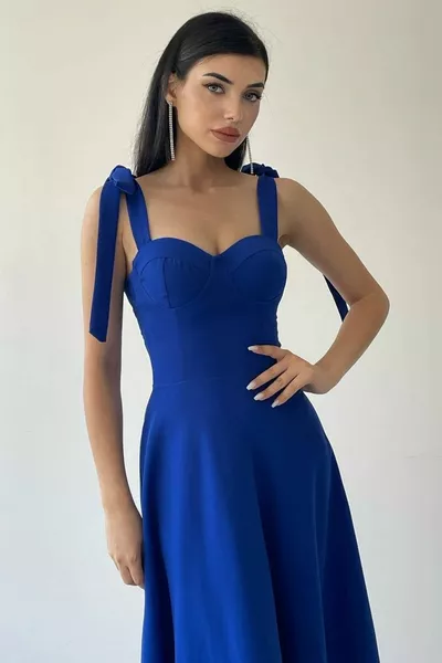 أطلس النسيج الصدر مبطن الدانتيل حزام ميدي طول متوهجة قطع ساكس الأزرق مساء اللباس 