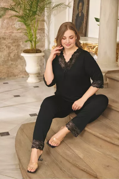 Black Ring Viscose Short Sleeve Plus Size Pajama Set