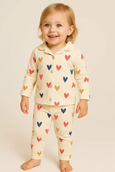 طقم بيجامة لطفلة صغيرة مزين بقلوب ملونة، مكون من قطعتين