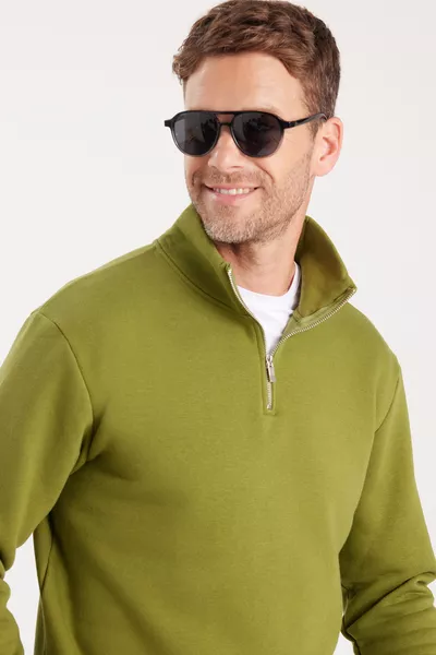 سويت شيرت بياقة عالية نصف سحاب، قطن مريح مبطن بالقطن، تصميم فضفاض للجنسين، باللون الأخضر الزيتوني